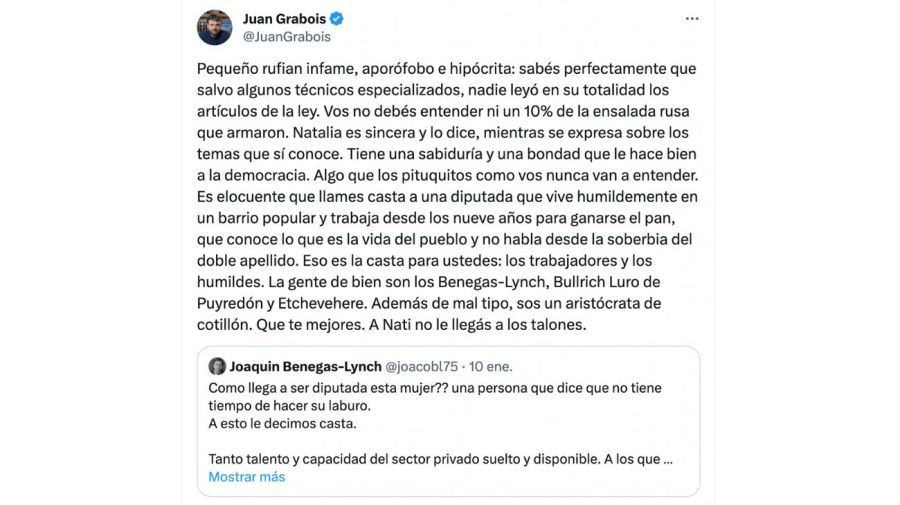 Bertie Benegas Lynch defendió a su hermano Joaquin, que había tuiteado contra la diputada Natalia Zaracho