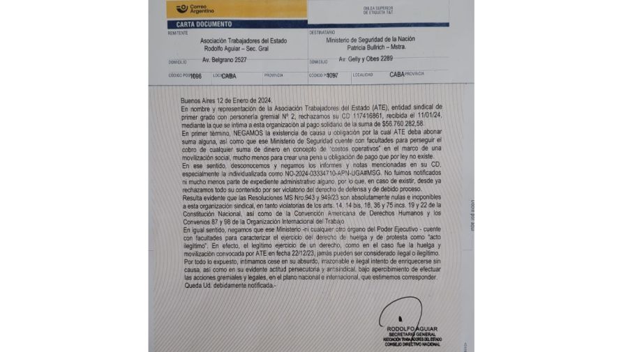 Carta documento de ATE a Bullrich