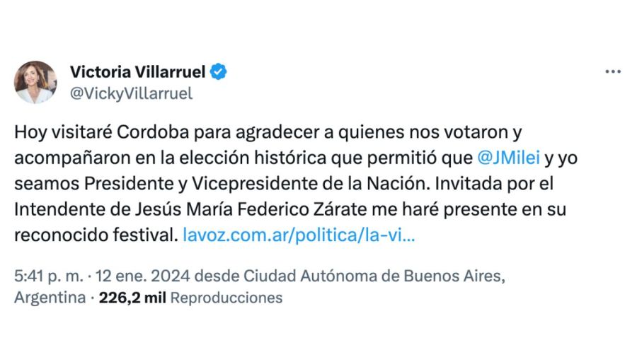Victoria Villarruel entró al festival de Jesús María y 