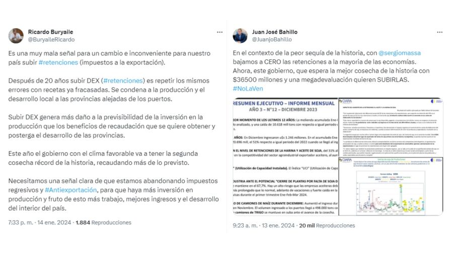 Tweets de Buryaile y Bahillo sobre las retenciones