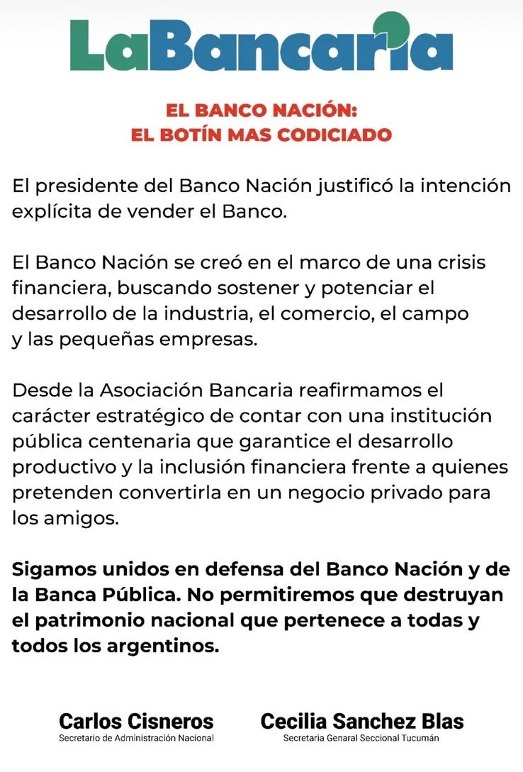 Comunicado de la Bancaria sobre la privatizacion