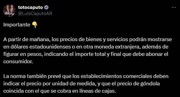 Tweet de caputo sobre los precios en dolares