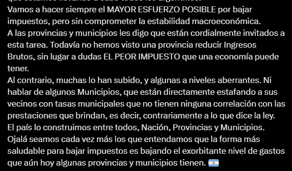 Tweet de Caputo sobre el cobro de tasas en municipios