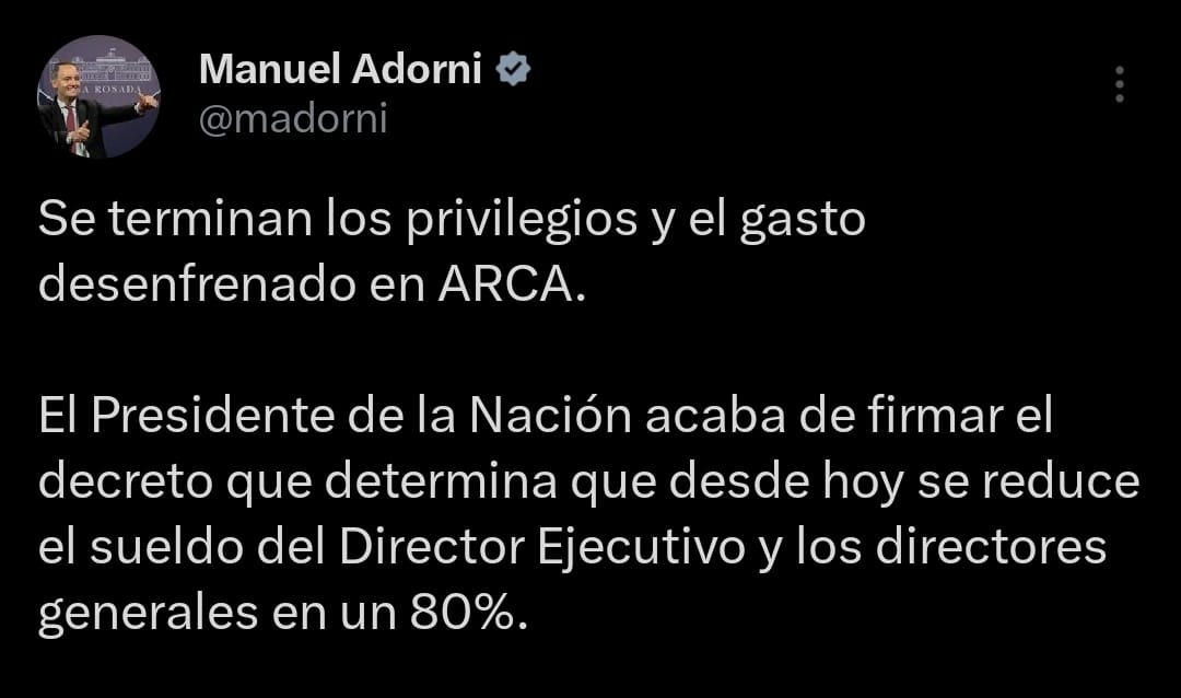 Tweet de Adorni sobre el ARCA