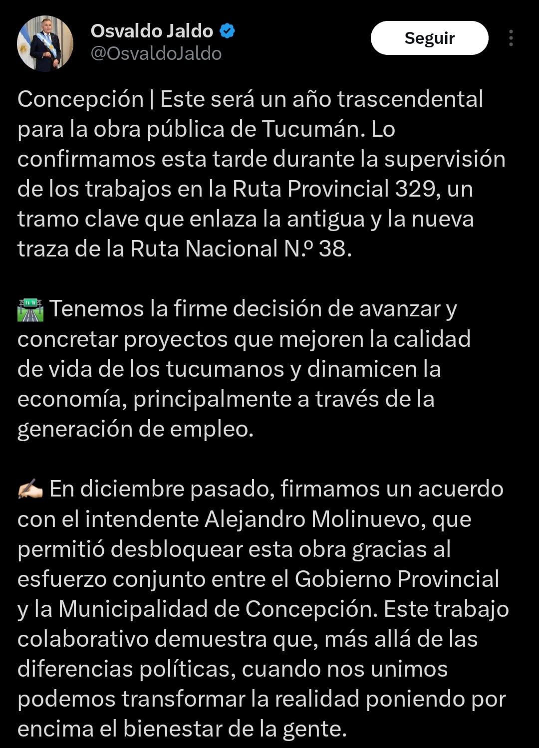 Tweet de Jaldo sobre la obra de la ruta provincial 329