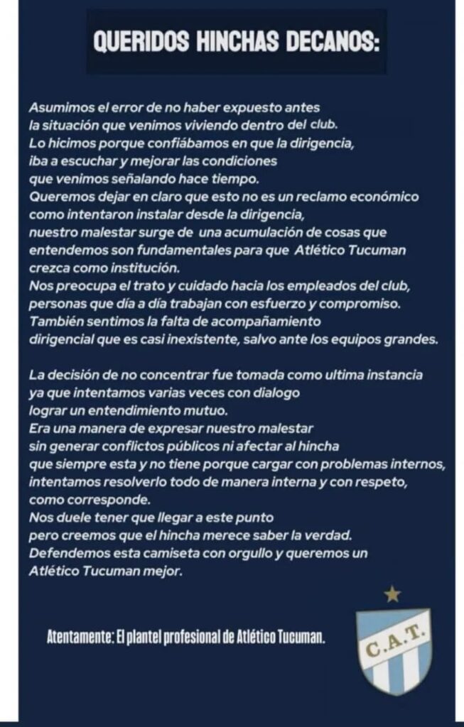 Crisis en Atlético Tucumán: el plantel apunta contra la dirigencia. 2 WhatsApp Image 2025 10 22 at 8.30.20 PM