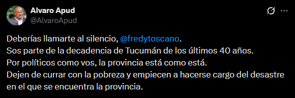 Duro cruce de Álvaro Apud a Fredy Toscano tras críticas al diputado Huesen